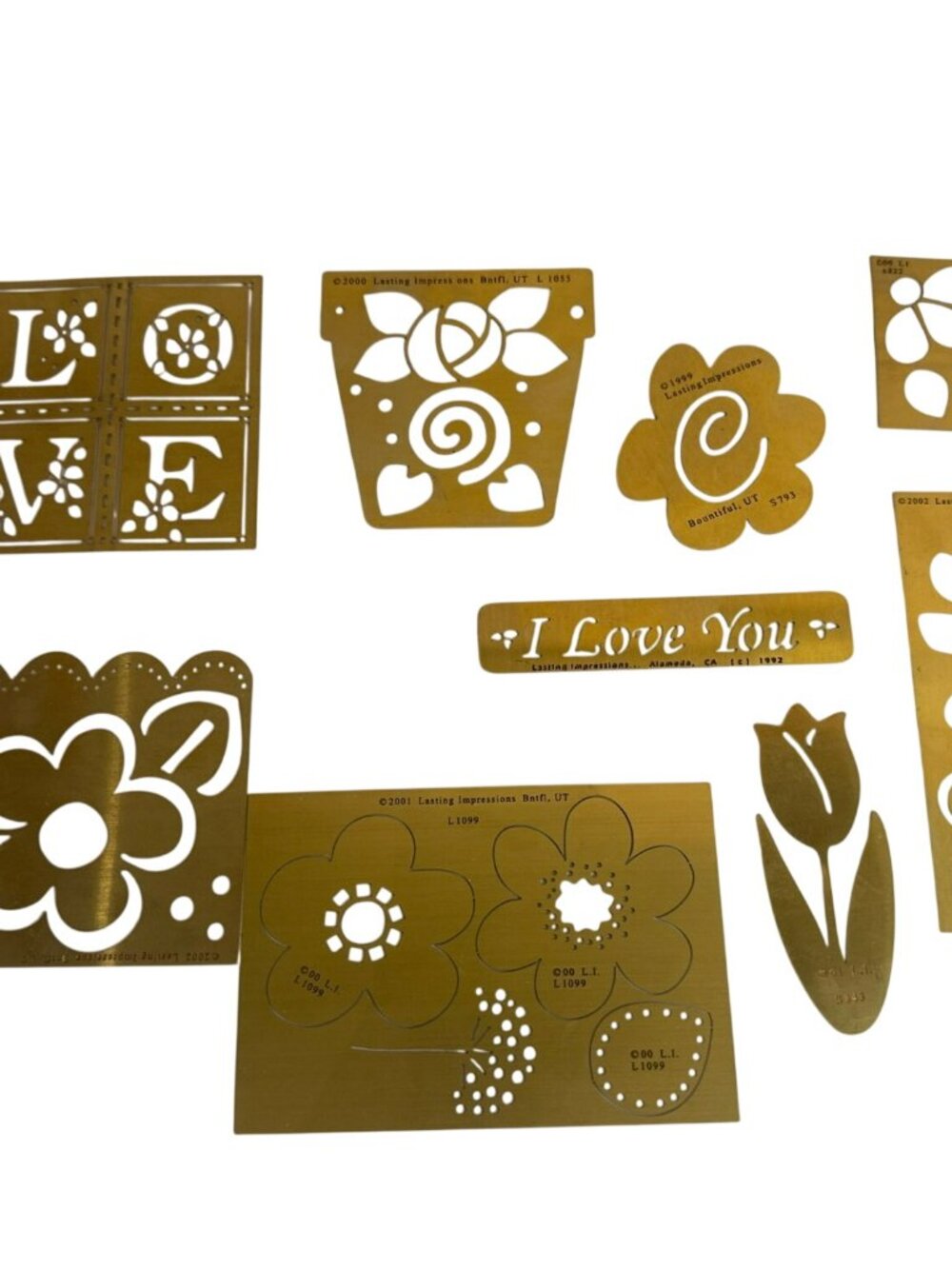 Set Of 9 Lasting Impressions Brass Stencils Love Flowers Heart Tulip Ladybug